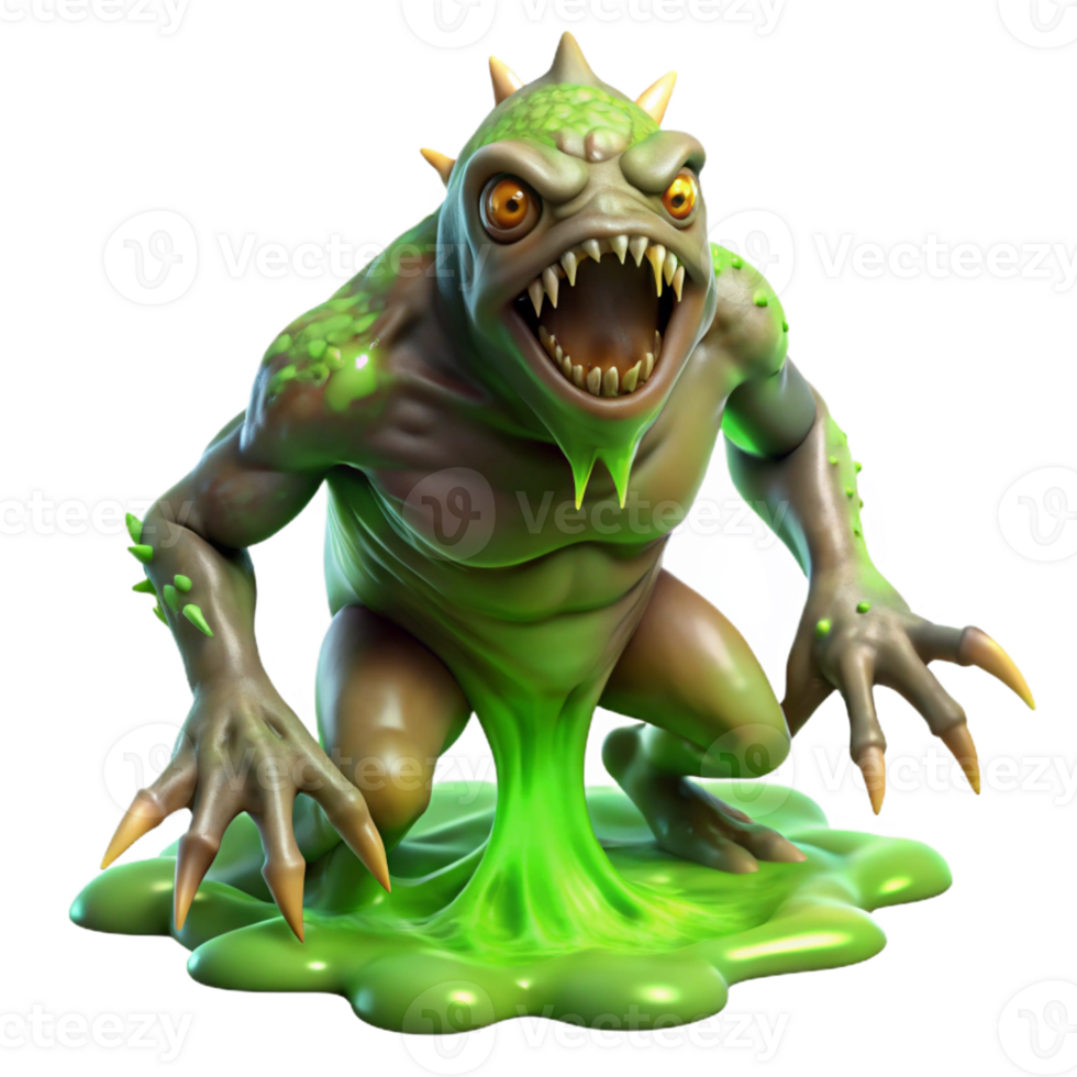 dramatic creative A grotesque, mutated creature with glowing green skin emerging from a toxic swamp. Lit by flickering swamp gas, depicted in a biopunk, horror style 4K png