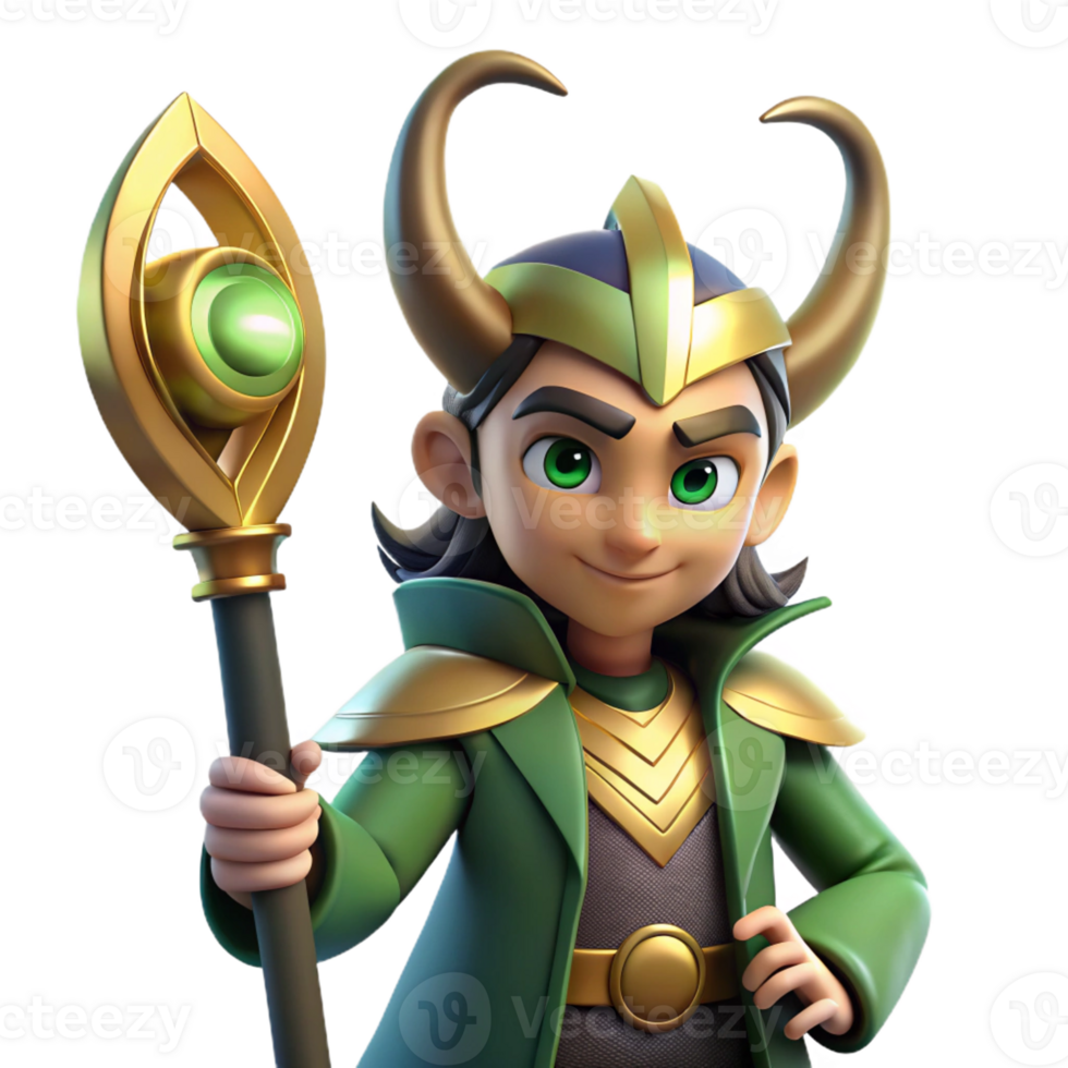 impressive classic A cunning Loki with a mischievous glint in his eye, holding a magical staff. Norse mythology style. Dramatic, shadowy lighting genuine png