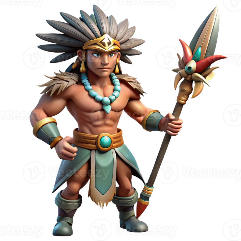 serene rustic A fierce anime warrior with tribal tattoos and a feathered headdress, wielding a spear, dramatic lighting with strong shadows, in the style of a historical fantasy anime authentic png