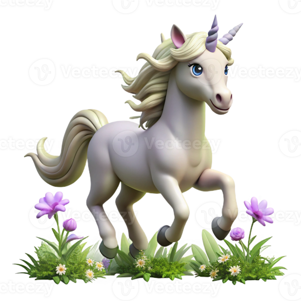 magnificent abstract A graceful unicorn with a silver horn and flowing mane gallops across a field of wildflowers. Soft, magical lighting. Storybook illustration style high quality png