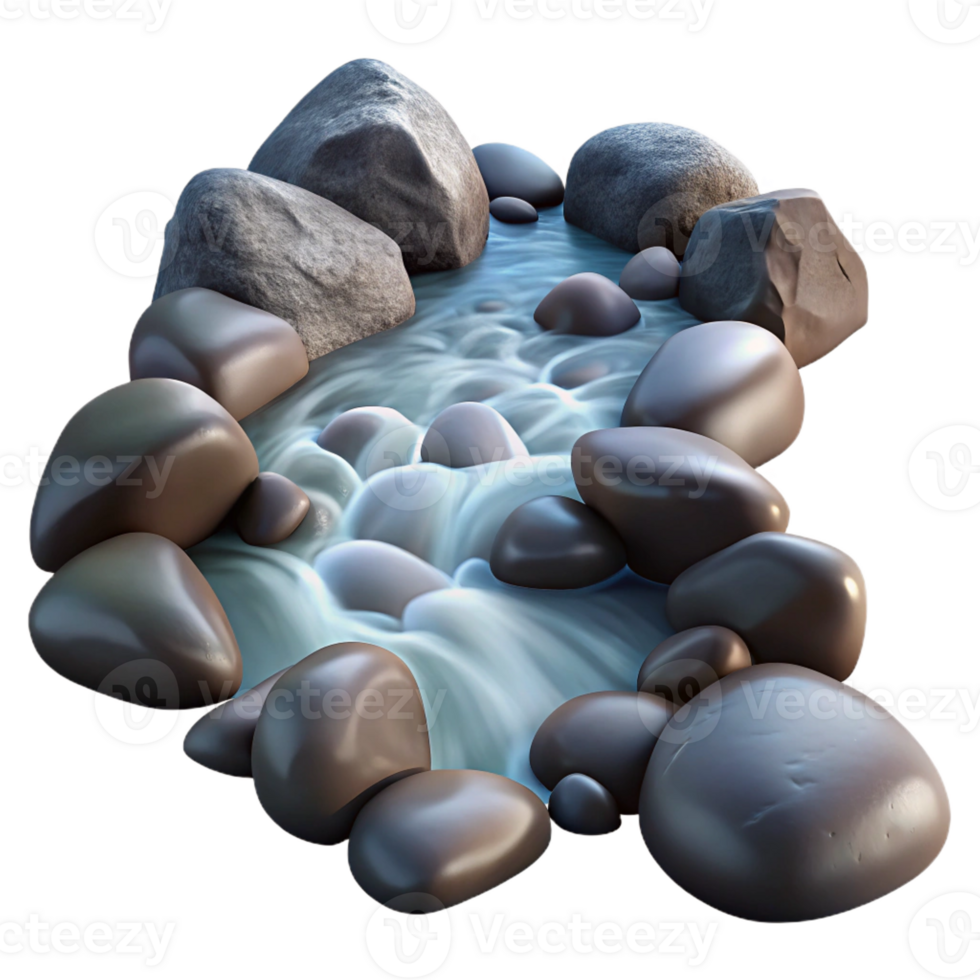 beautiful creative A babbling brook flowing over smooth river stones, long exposure photography, soft diffused light detailed png