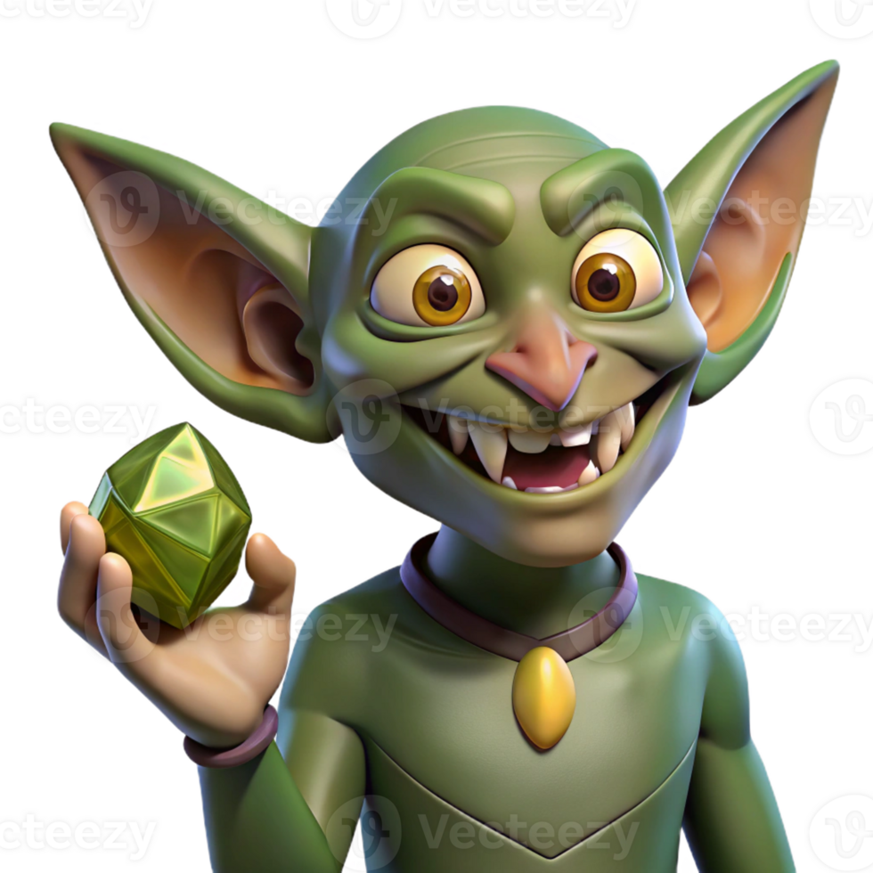 serene modern A cunning goblin with pointed ears and sharp teeth, holding a stolen jewel, dimly lit, mischievous and greedy style professional png