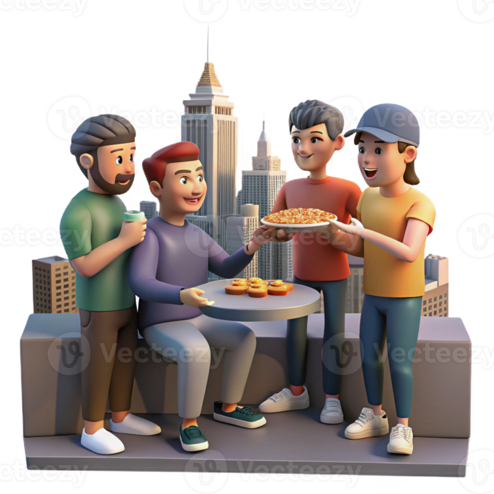 stunning rustic A group of friends sharing a pizza on a rooftop overlooking the city, urban lifestyle photography, sunset lighting original png