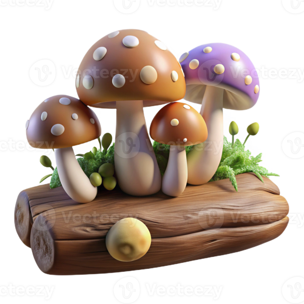 dramatic rustic A group of mushrooms growing on a fallen log, soft diffused light, fantasy art style 4K png