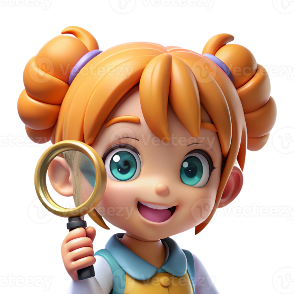 elegant modern A curious anime child with wide eyes and pigtails, holding a magnifying glass, bright, cheerful lighting, in the style of an adventure anime professional png