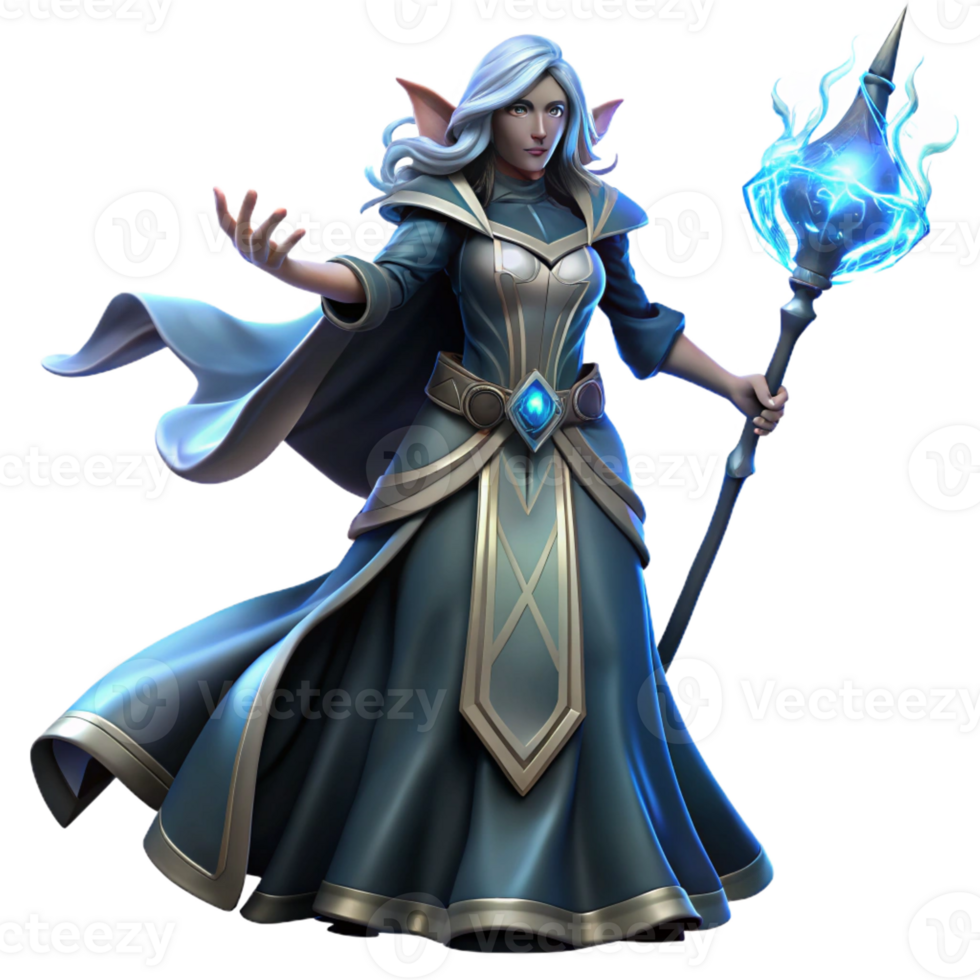 stunning contemporary A powerful sorceress with flowing robes and a staff topped with a glowing crystal, summoning a magical storm. Dramatic, stormy lighting. Fantasy art style detailed png