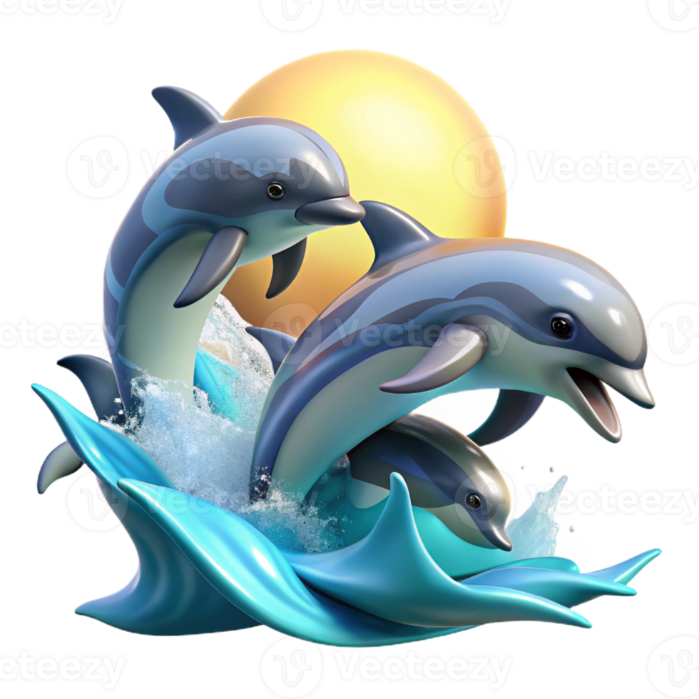serene contemporary A playful group of dolphins leaping out of the ocean waves, illuminated by the bright midday sun, in a photorealistic style high quality png