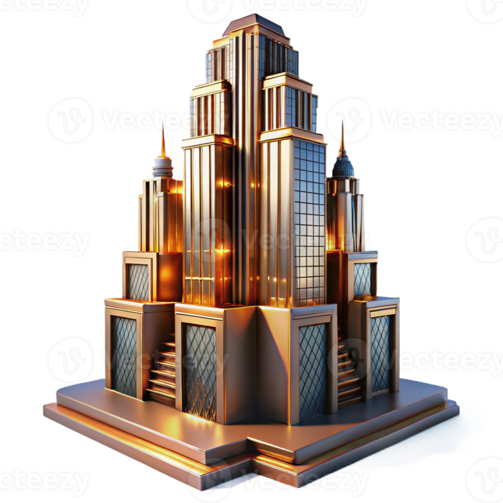 dramatic modern Art Deco skyscraper, intricate geometric facade, chrome details, sunset lighting, volumetric lighting, art deco style genuine png