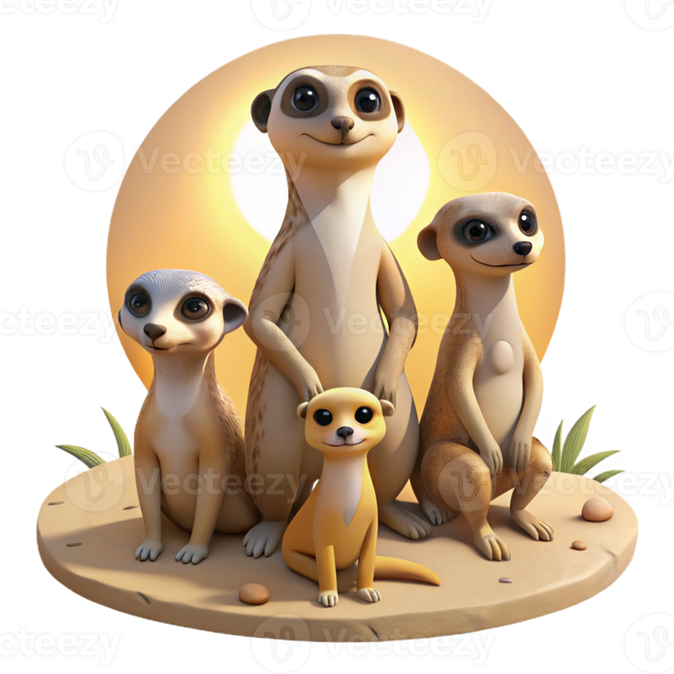 vibrant traditional A family of playful meerkats standing alert in the desert, harsh midday sun, documentary photography style detailed png