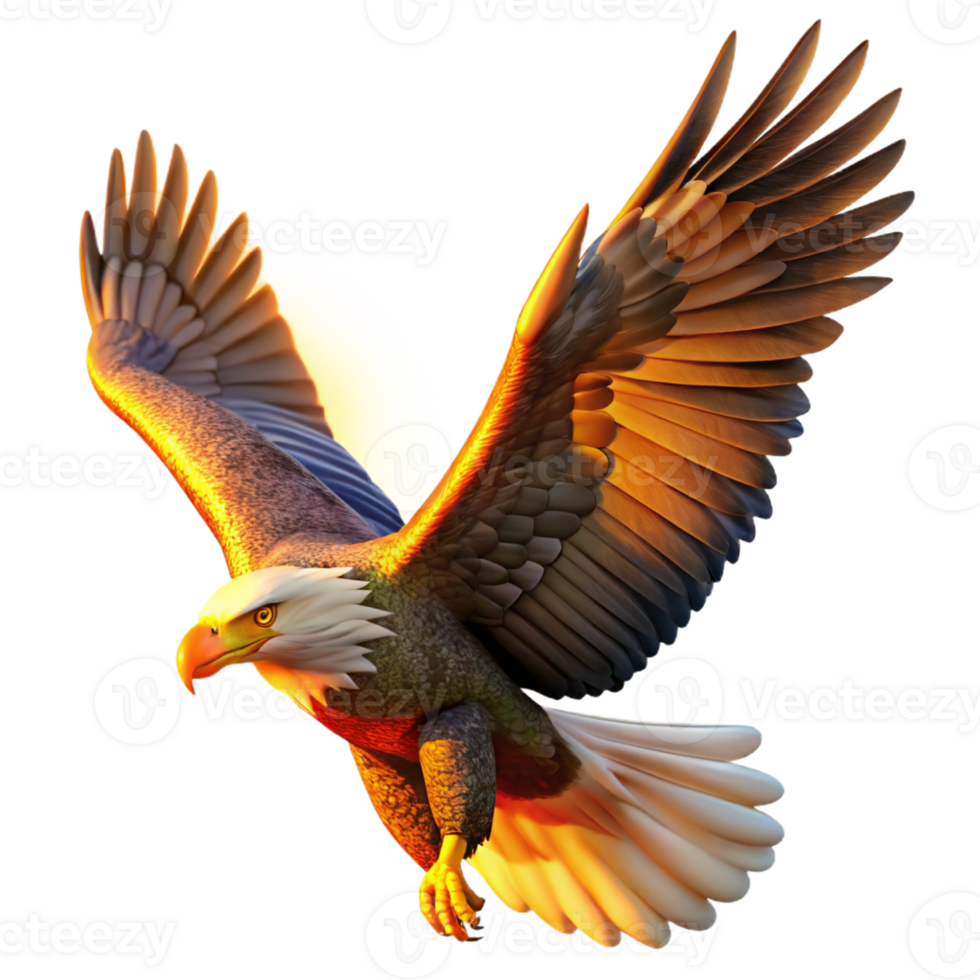 stunning creative A majestic bald eagle soaring through a cloudy sky, illuminated by a golden sunset, hyperrealistic style, intense detail on feathers and talons premium png