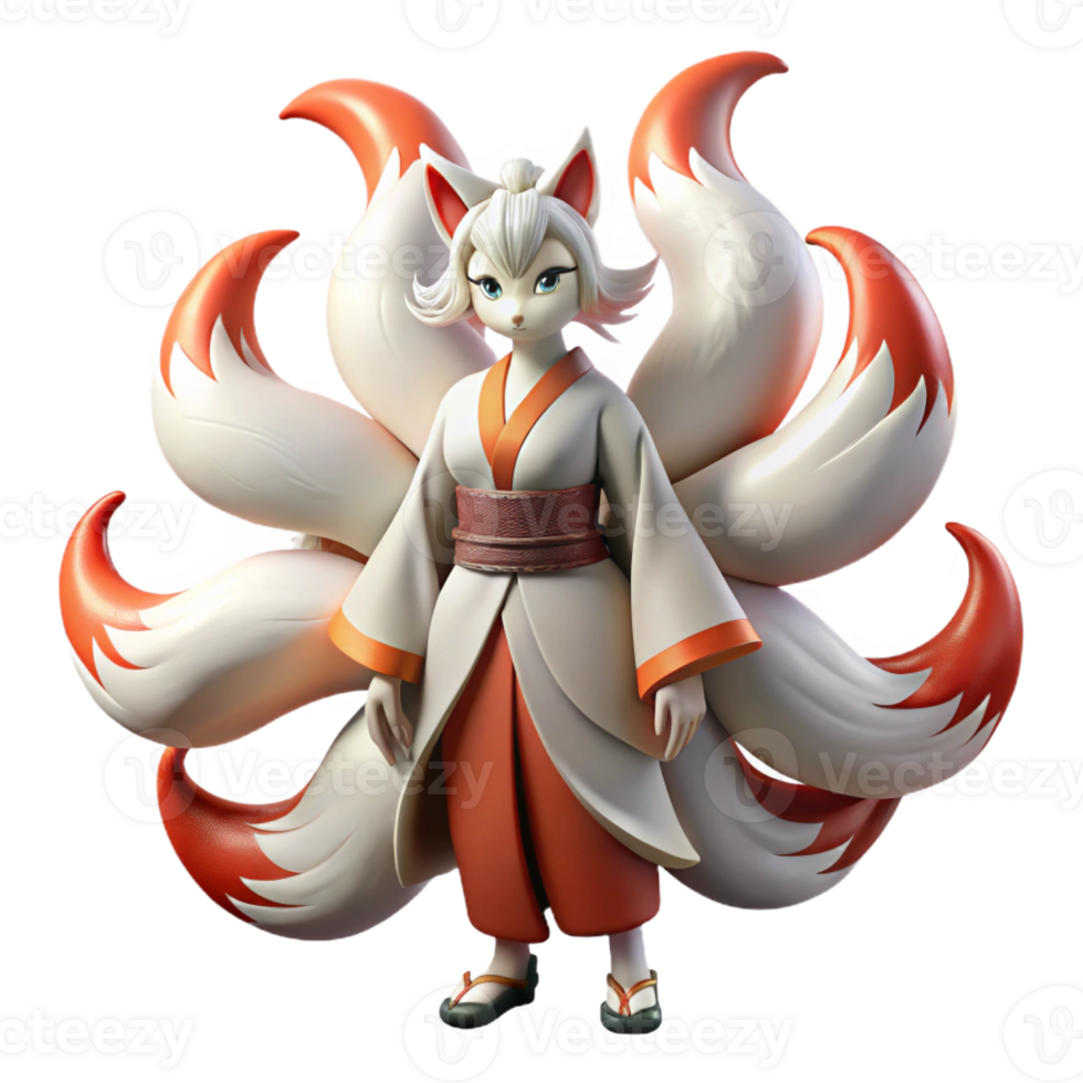 elegant traditional A cunning kitsune with nine tails, transforming into a beautiful woman under the moonlight, in a stylized, Japanese woodblock print style genuine png