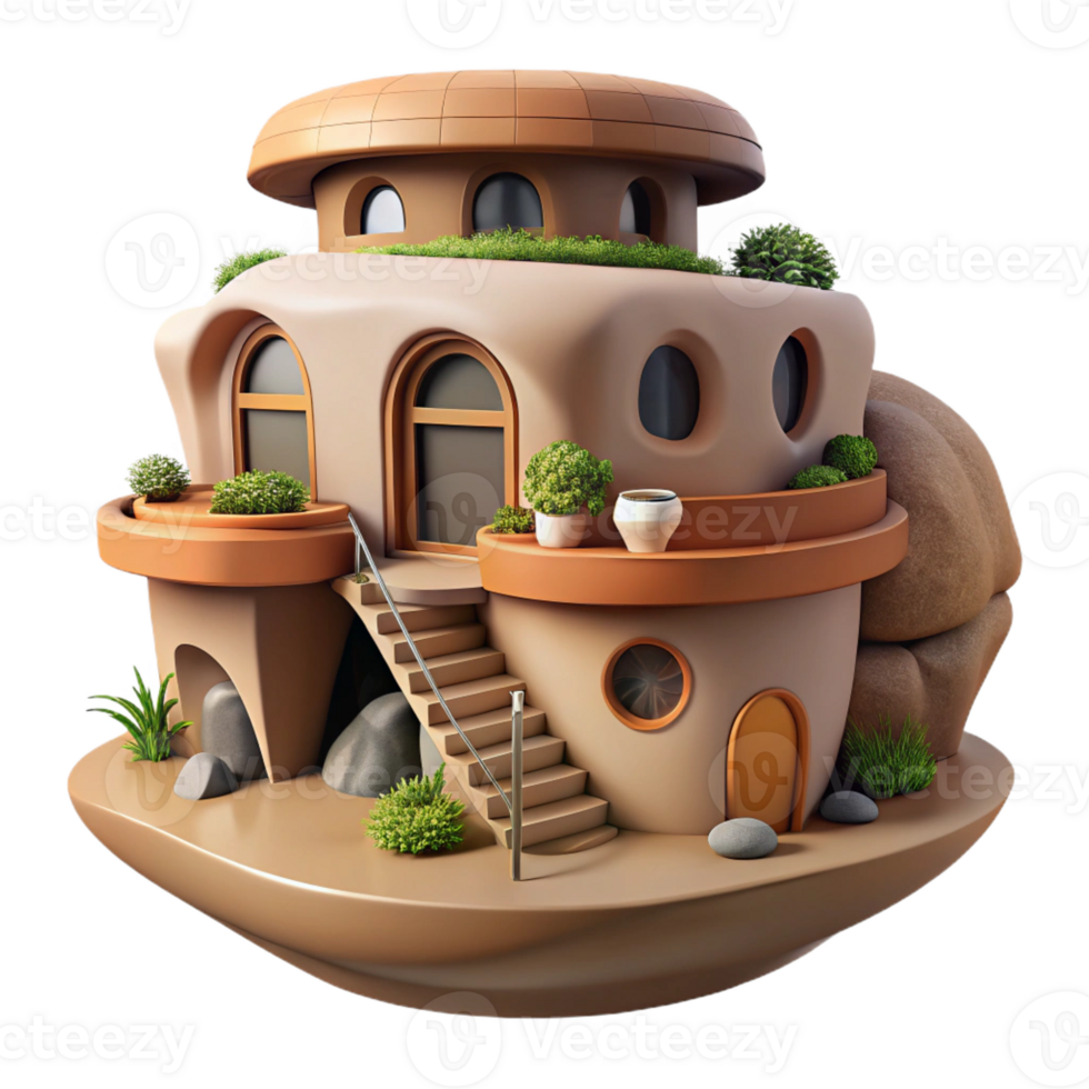 dramatic contemporary Organic architecture, house built into a cliff face, natural materials, earthy tones, sustainable style authentic png