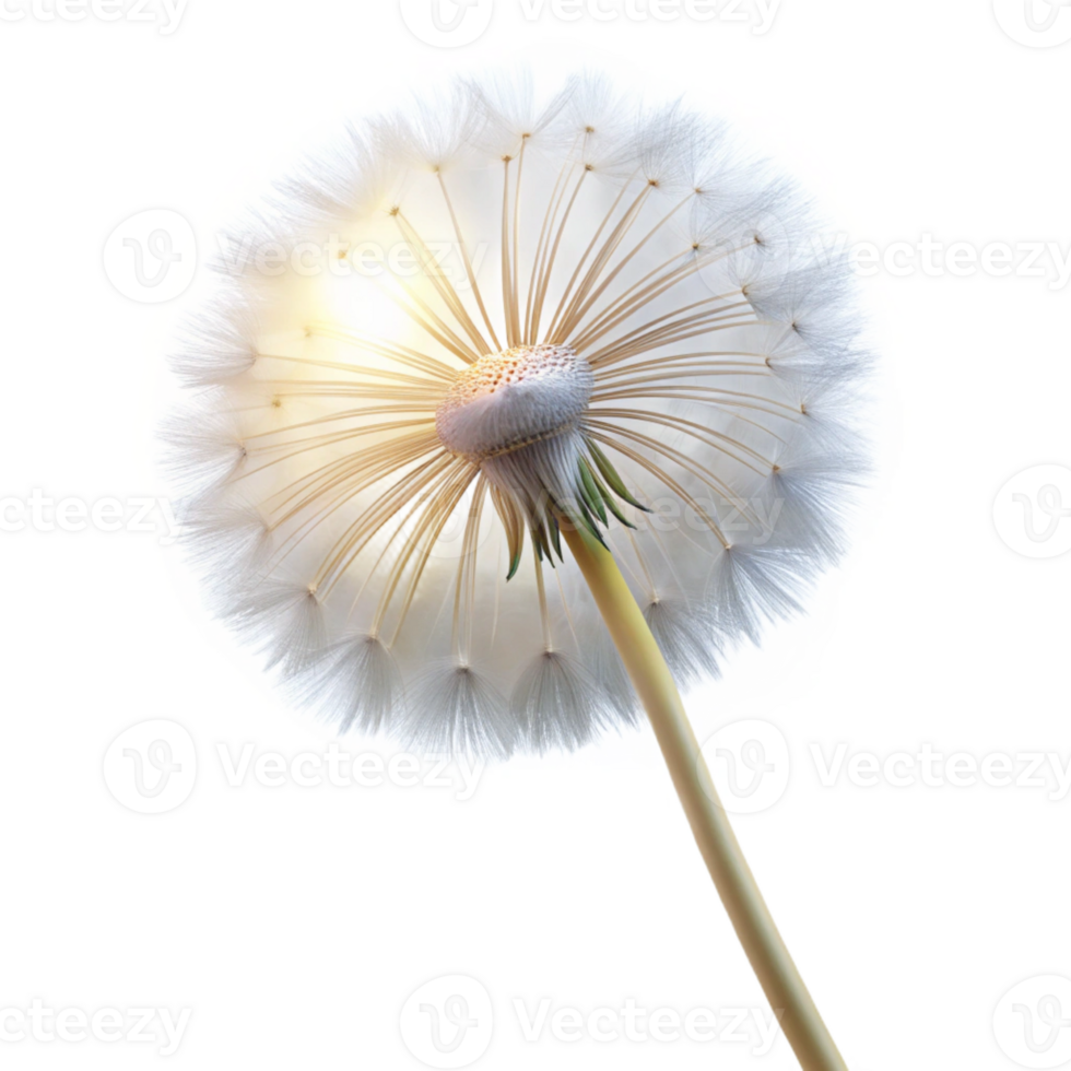dramatic modern A single dandelion seedhead with delicate, wispy parachutes, backlit by a soft glow, macro photography detailed png