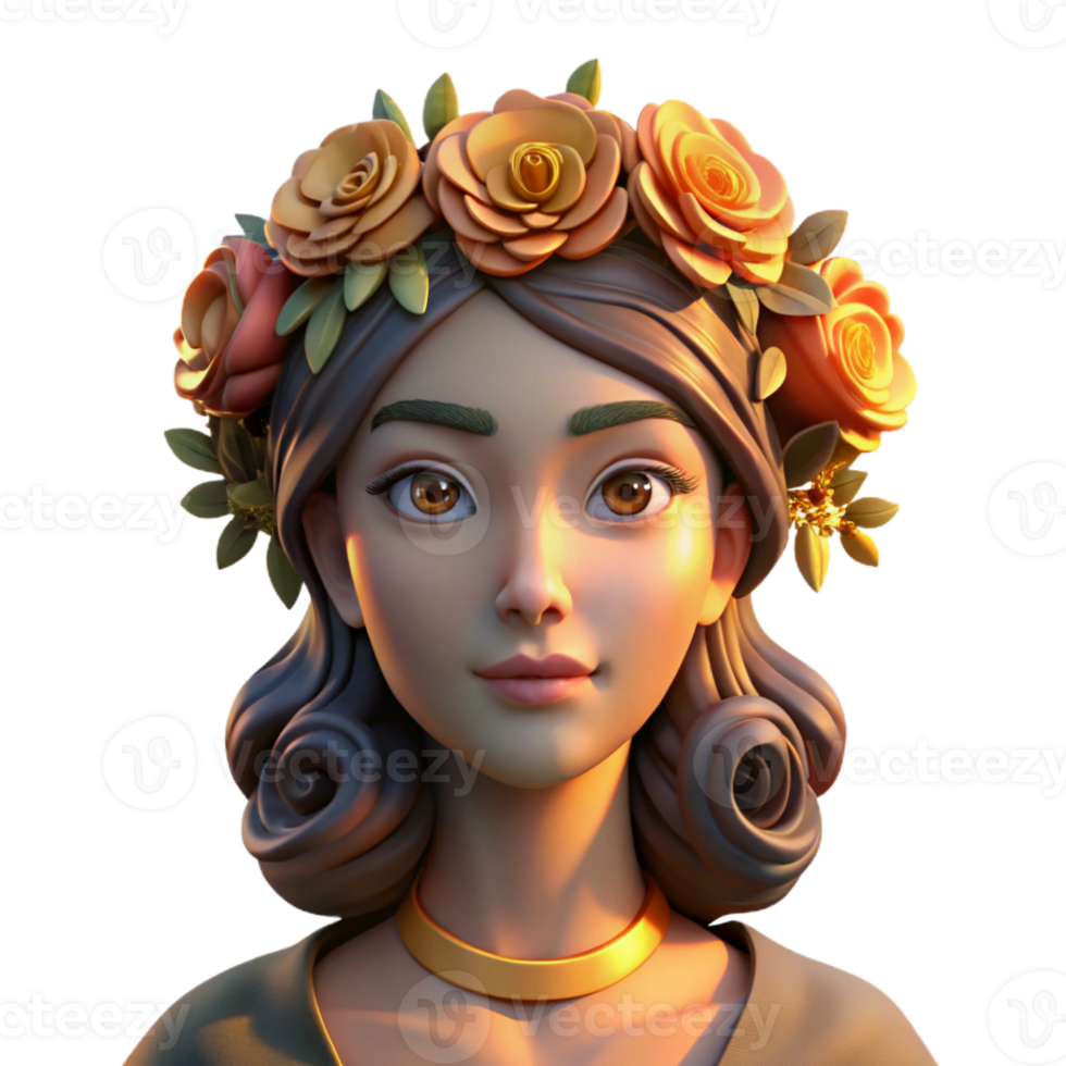 stunning abstract Portrait of a woman with an elaborate floral crown and a serene expression, lit by the golden light of a sunset, in a bohemian style detailed png