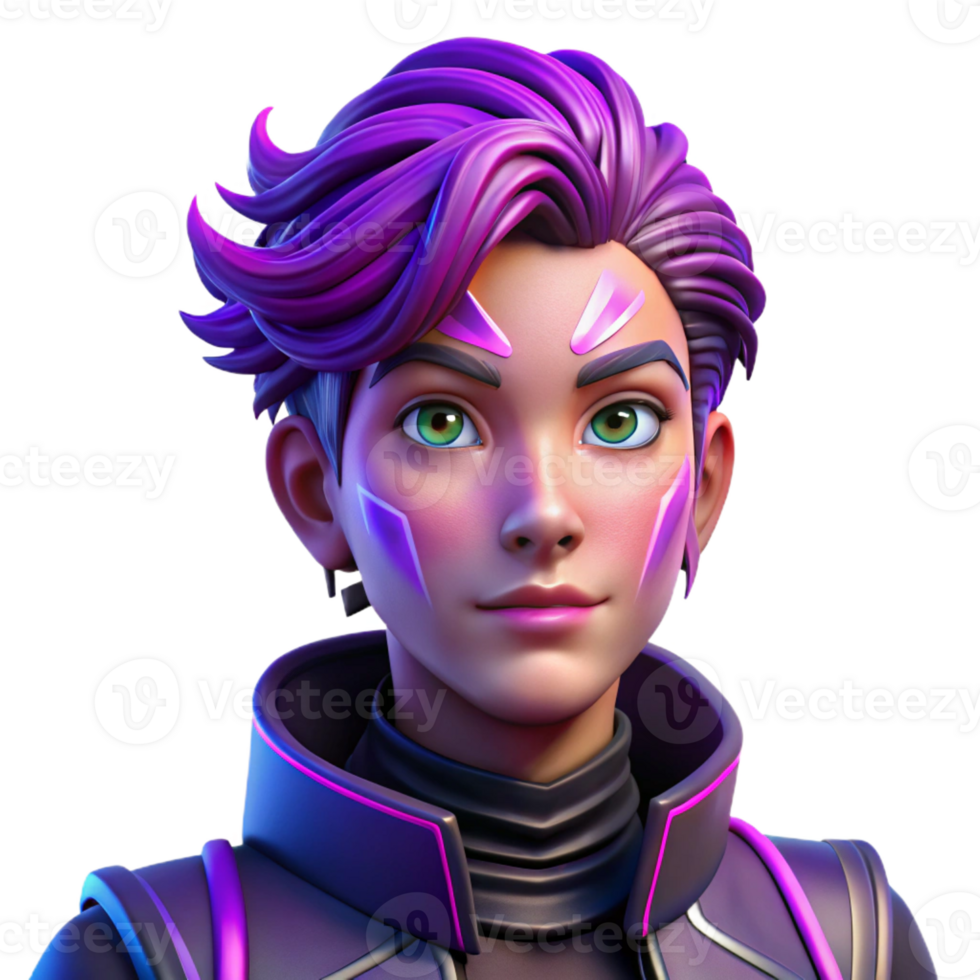 elegant rustic Portrait of a non-binary person with vibrant purple hair and intricate face paint, lit by neon lights, in a cyberpunk style high quality png