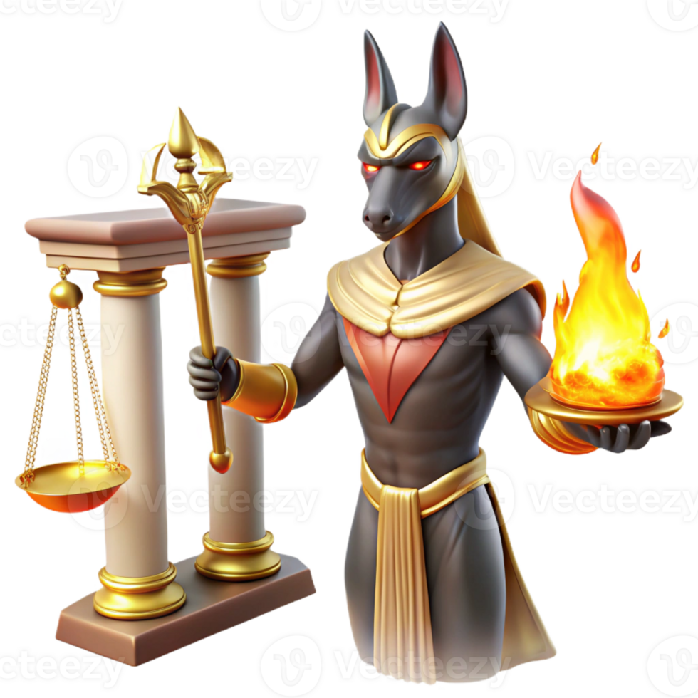 stunning minimalist A benevolent Anubis weighing a heart against a feather, in the Hall of Judgment, lit by ethereal flames, in an ancient Egyptian style 4K png