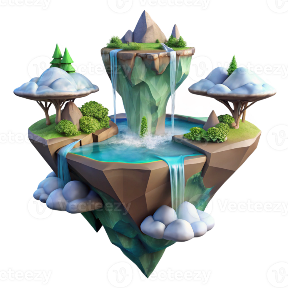 magnificent modern A floating island with waterfalls cascading down the sides, ethereal light, fantasy art style 4K png