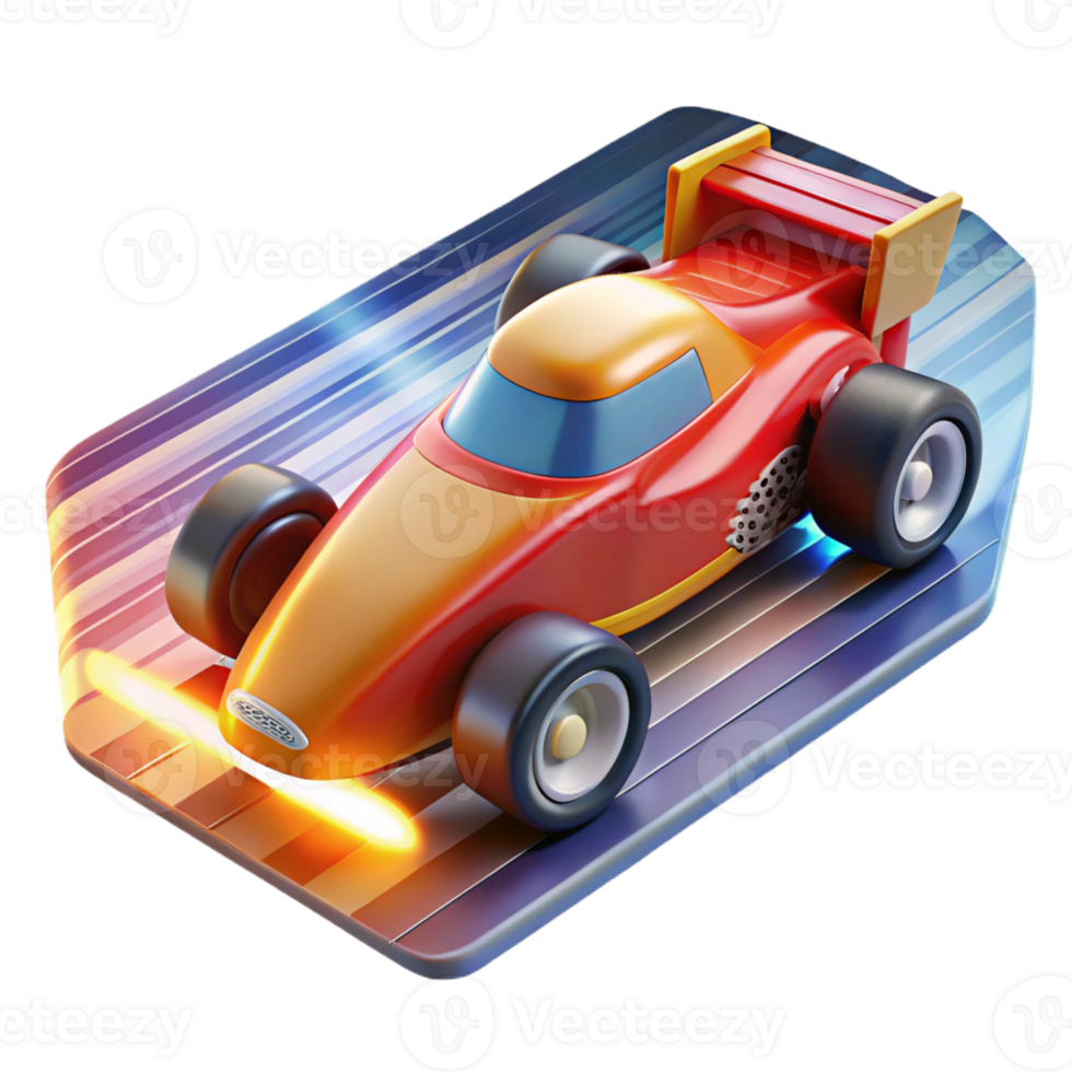 impressive minimalist A cartoon race car speeding down a track, motion blur and bright stadium lights creating a sense of speed, drawn in a dynamic and energetic cartoon style 4K png