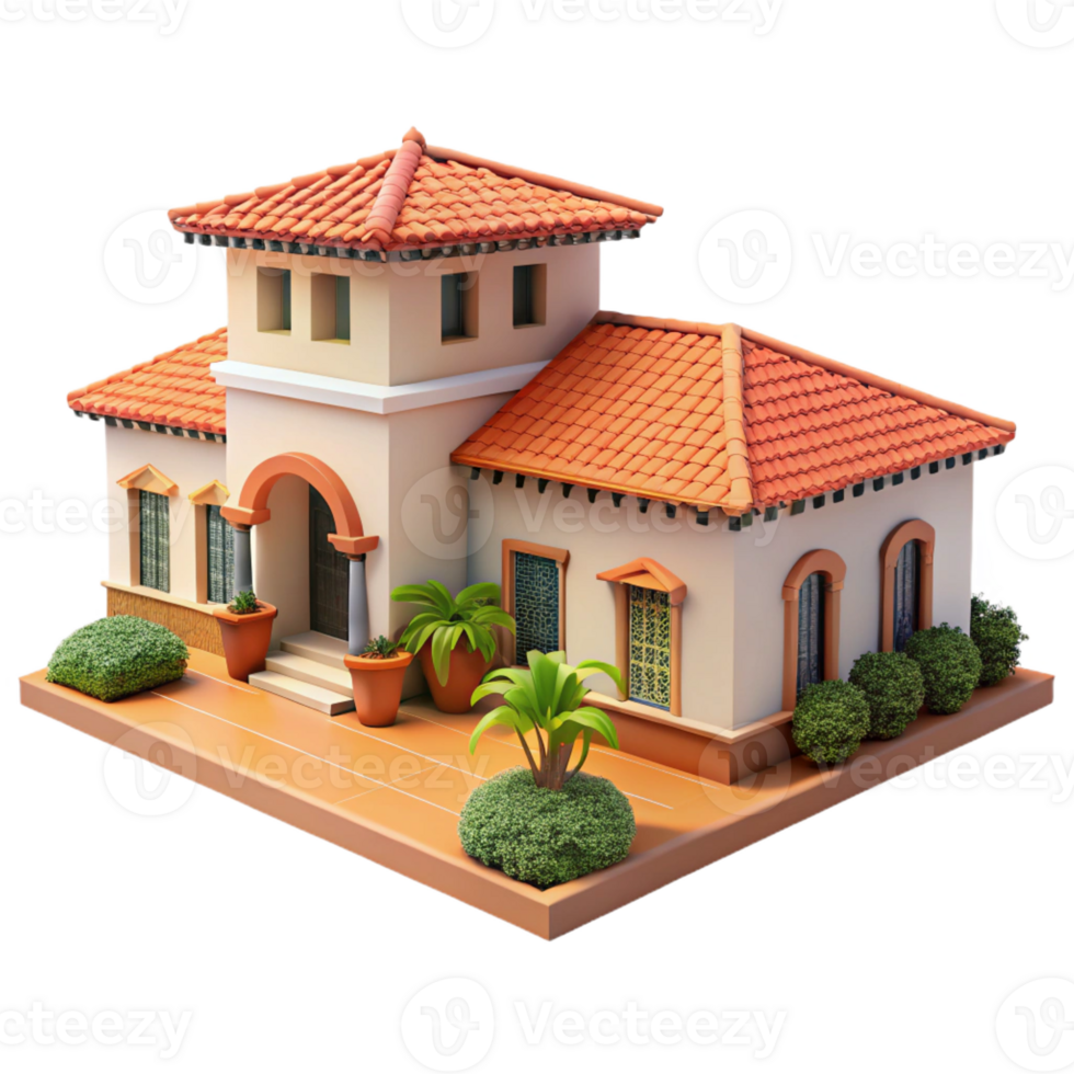 impressive rustic Spanish colonial hacienda, stucco walls, red tile roof, courtyard, Mediterranean style authentic png