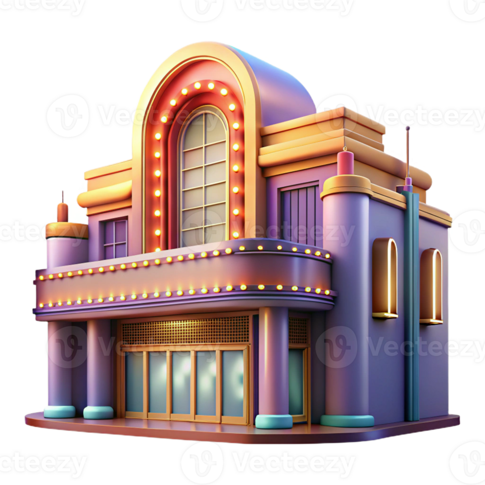 dramatic abstract An intricate Art Deco movie theater with neon marquee, vibrant city lights, vintage photography style authentic png