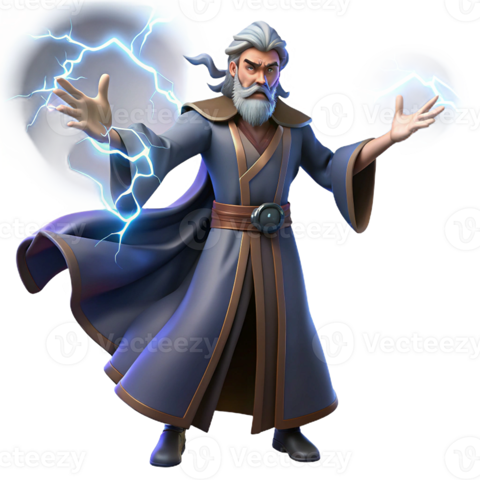 serene classic A powerful sorcerer summoning a storm of swirling energy, lightning crackling around his outstretched hands. Digital painting, dynamic lighting authentic png