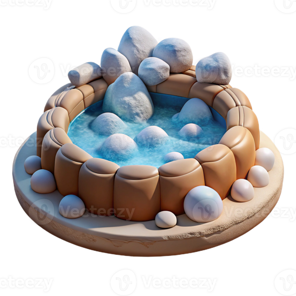 wonderful classic A bubbling hot spring surrounded by snow, contrasting warm and cool colors, photorealistic style high quality png