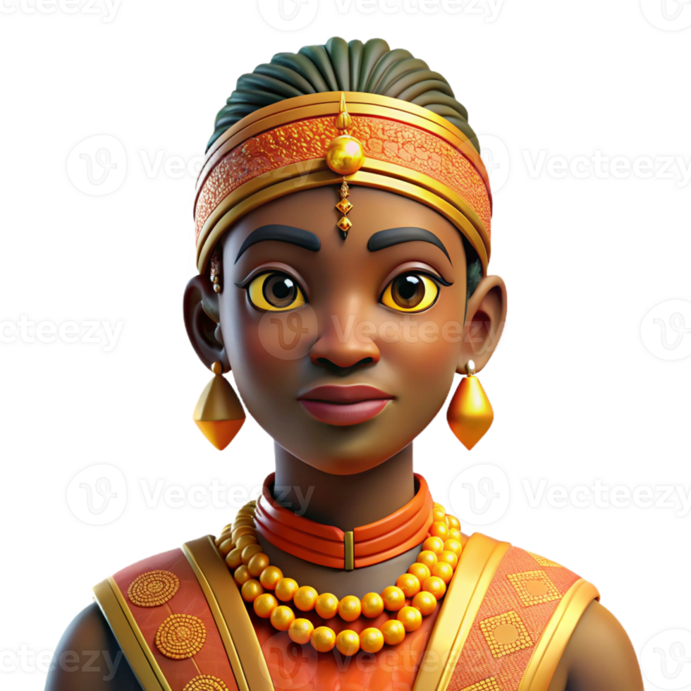 stunning minimalist Portrait of a person wearing traditional African attire, adorned with vibrant patterns and intricate beadwork, lit by warm, golden light, in a celebratory style premium png