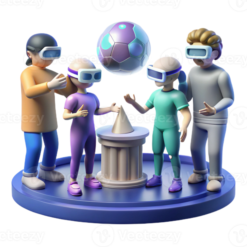 stunning traditional A group of humans with augmented reality headsets exploring a virtual museum, surrounded by holographic artifacts. Photorealistic style detailed png