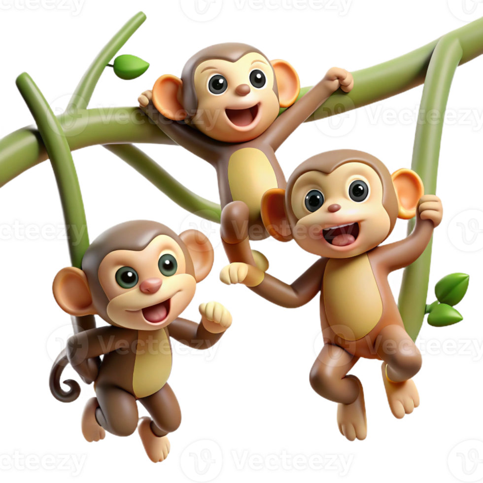 elegant classic A group of playful monkeys swinging through the trees, their expressions mischievous and curious, rendered in a lively, dynamic style genuine png