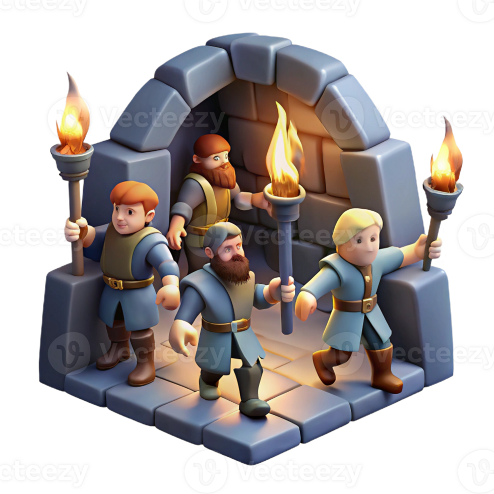 impressive traditional A group of brave adventurers exploring a dark dungeon, torches illuminating the path, suspenseful and adventurous style high quality png
