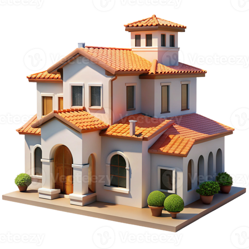 vibrant modern Mediterranean villa, white stucco walls, terracotta roof, bright sunlight, picturesque style exclusive png