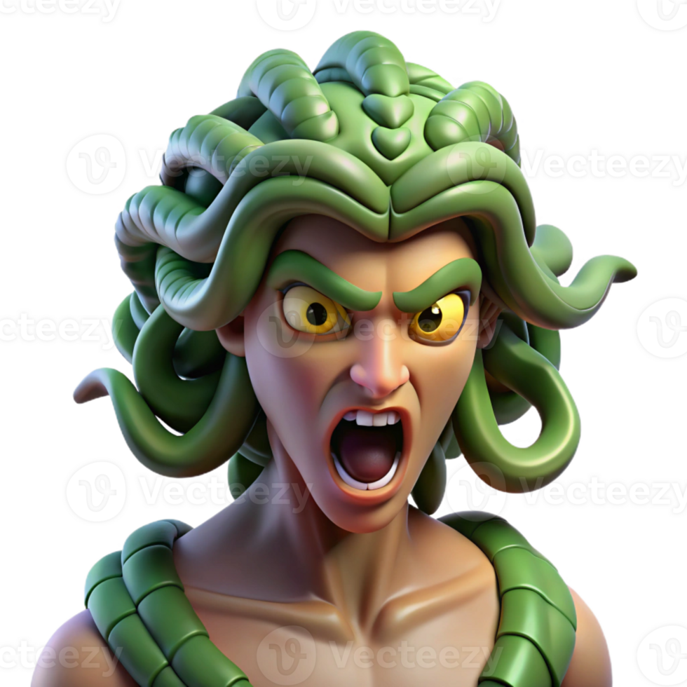 beautiful contemporary A fierce gorgon with snake hair and a petrifying gaze, turning a warrior to stone. Dramatic, high-contrast lighting. Mythological style high resolution png