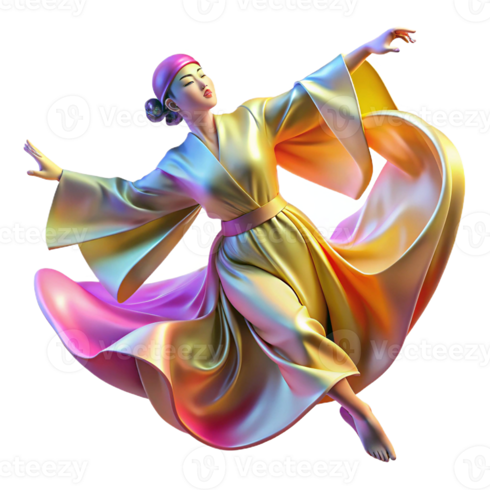 vibrant traditional Portrait of a dancer in flowing silk robes, mid-leap, with dynamic motion blur, lit by colorful stage lights, in an impressionistic style exclusive png