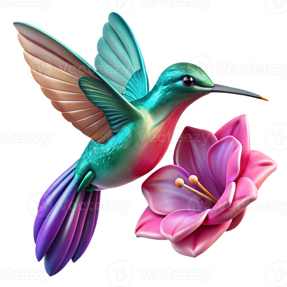 magnificent vintage A hummingbird hovering in mid-air, wings blurred in motion, sipping nectar from a vibrant fuchsia flower, with a dynamic painting style 4K png