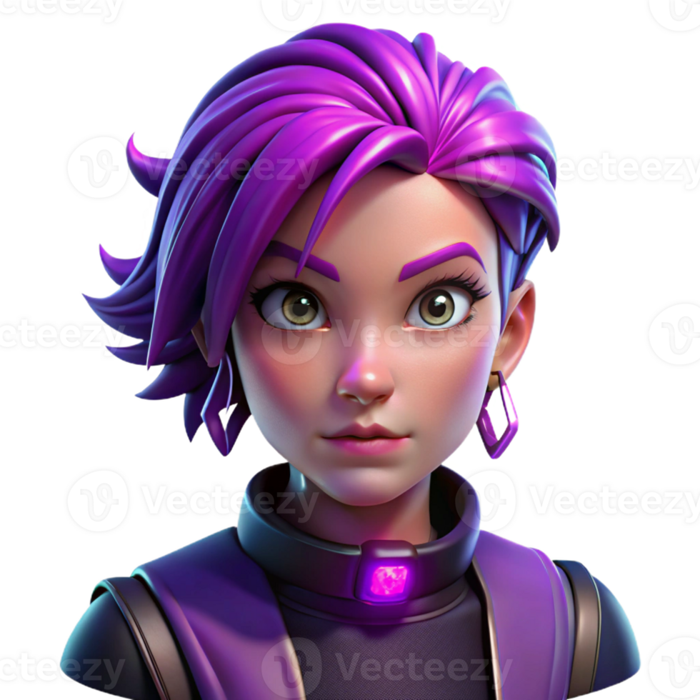 elegant creative Portrait of a teenage girl with vibrant purple hair and multiple piercings, looking defiant, lit by neon lights, in a cyberpunk style original png