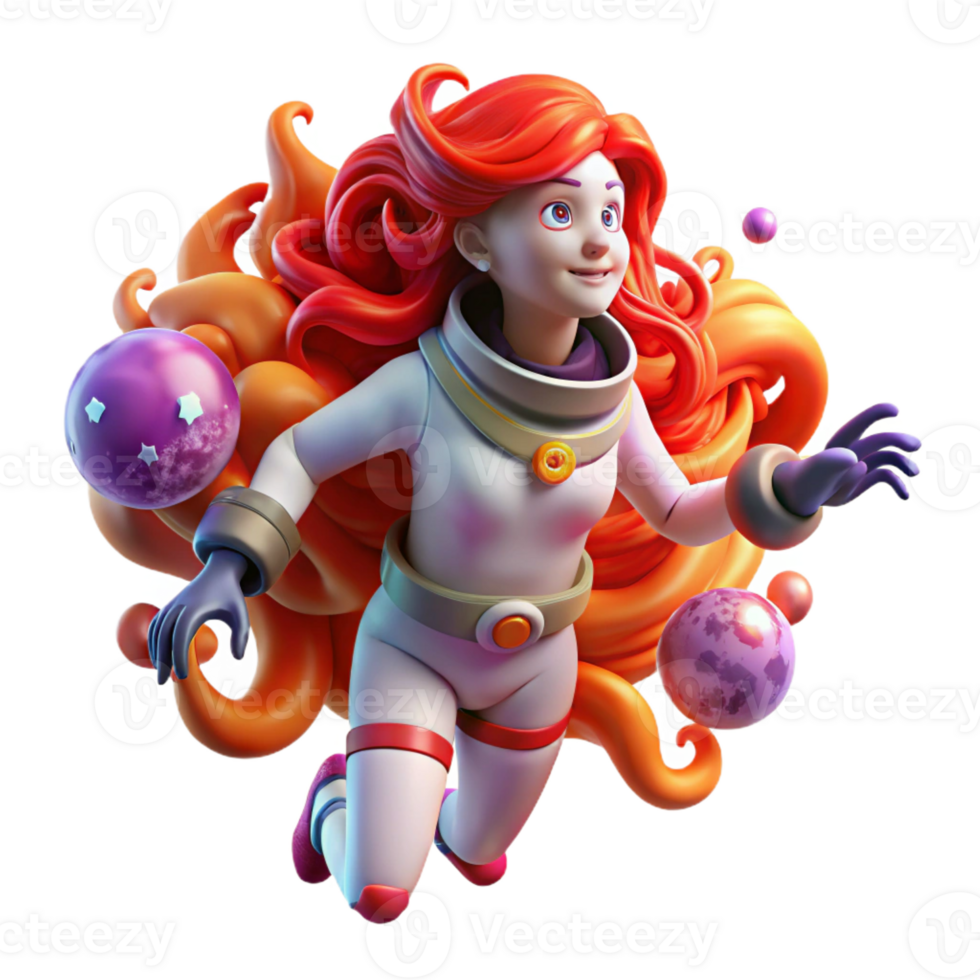 beautiful rustic A female astronaut, with flowing, fiery red hair, floating in zero gravity, surrounded by swirling nebulae. Painterly style, cosmic horror elements, ethereal lighting genuine png