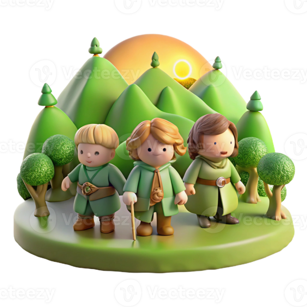 magnificent minimalist A group of adventurous hobbits traveling through a rolling green landscape. Warm, afternoon sunlight. Tolkien-esque style professional png