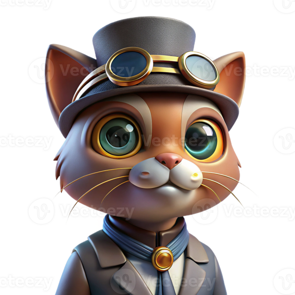 serene abstract A portrait of a steampunk cat wearing goggles and a tiny top hat, lit by a soft glow, cute animal style genuine png