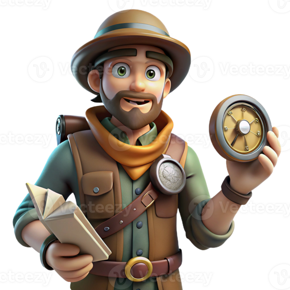 serene creative A steampunk explorer, holding a compass and map, rugged outfit, brightly lit, adventurous style detailed png