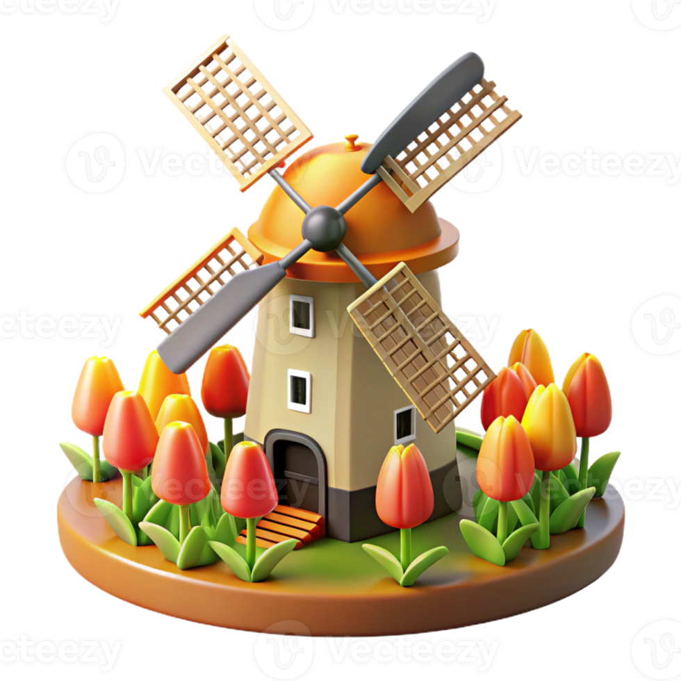 dramatic abstract A traditional windmill in a tulip field, bright spring sunlight, Dutch painting style professional png