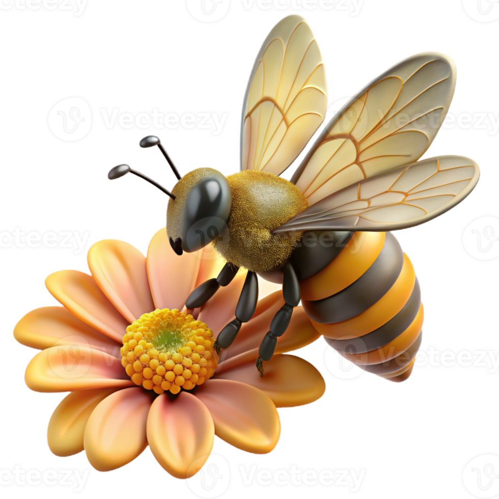 wonderful minimalist A close-up of a bee collecting pollen from a flower, with a detailed, macro photography style genuine png