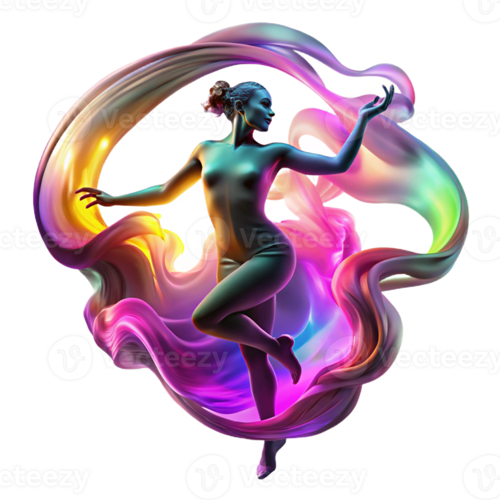 extraordinary artistic A swirling vortex of colorful smoke forming the silhouette of a dancing woman, illuminated by neon lights, in a vibrant, abstract art style high quality png