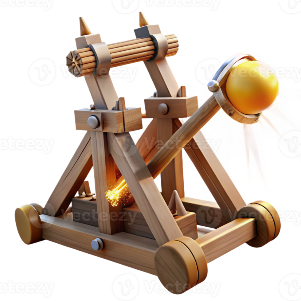 beautiful minimalist A medieval siege weapon, a trebuchet, launching a projectile, dynamic action, realistic detail, bright sunlight detailed png