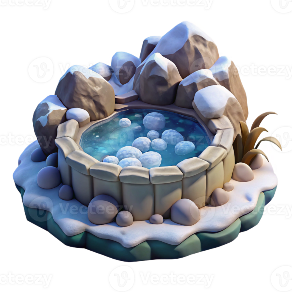 dramatic rustic A bubbling hot spring surrounded by snow-covered rocks, dramatic lighting, landscape photography style authentic png