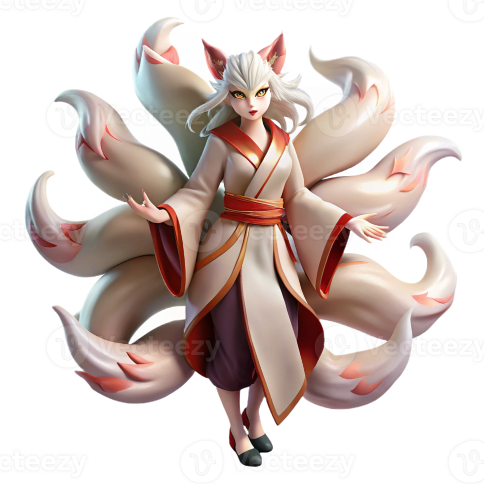 impressive vintage A cunning kitsune, its nine tails flowing behind it, transforming into a beautiful woman. Mystical, transformative lighting. Japanese art style premium png
