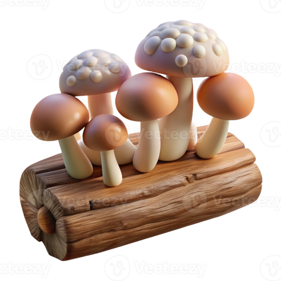 vibrant abstract A cluster of mushrooms growing on a log, earthy tones, soft diffused light, nature photography style professional png