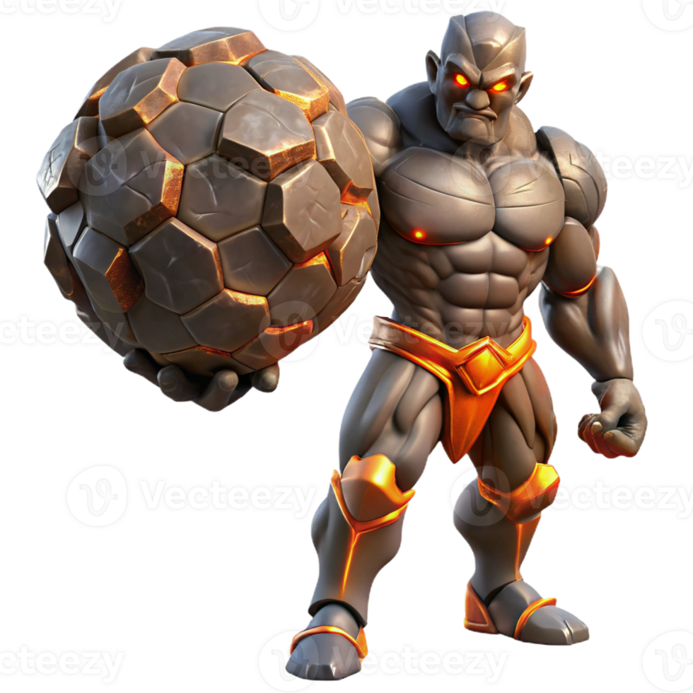 vibrant contemporary A powerful titan with rock-like skin and glowing fissures, holding a giant boulder. Dramatic, high-contrast lighting. Epic Fantasy style authentic png