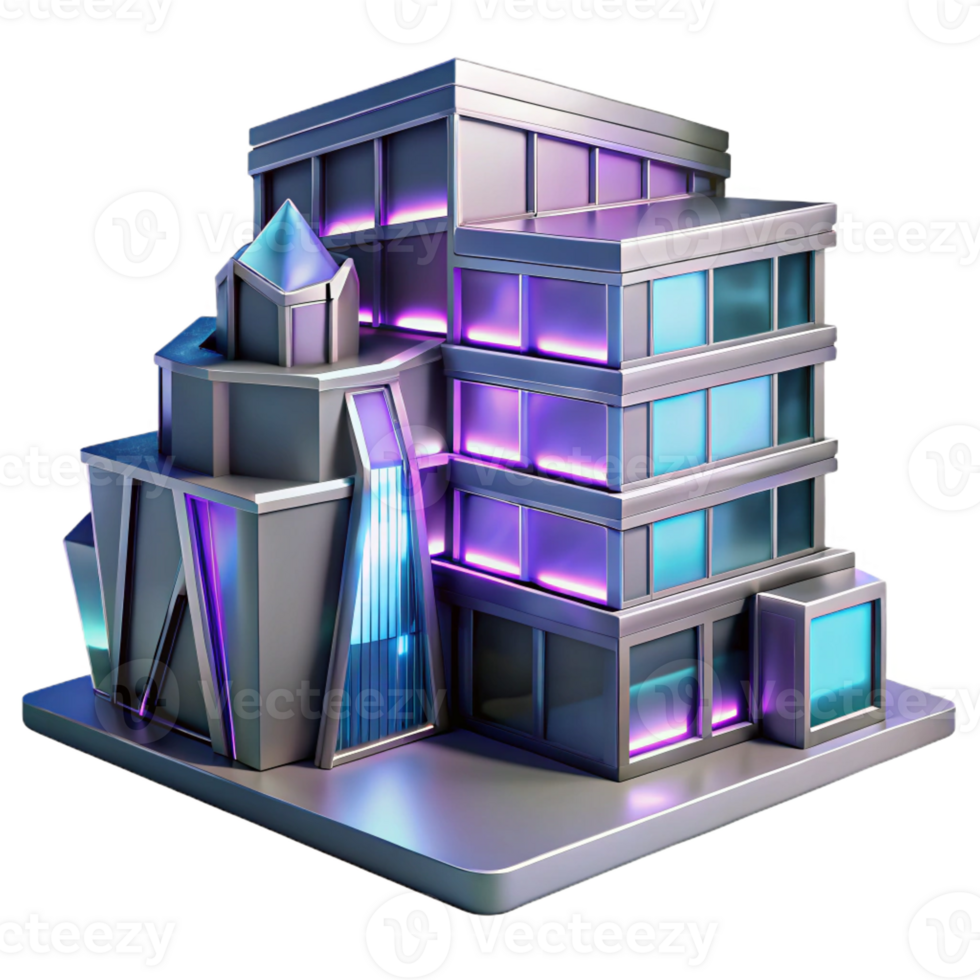 stunning minimalist Deconstructivist office building, fragmented forms, metallic cladding, neon lighting, cyberpunk style genuine png