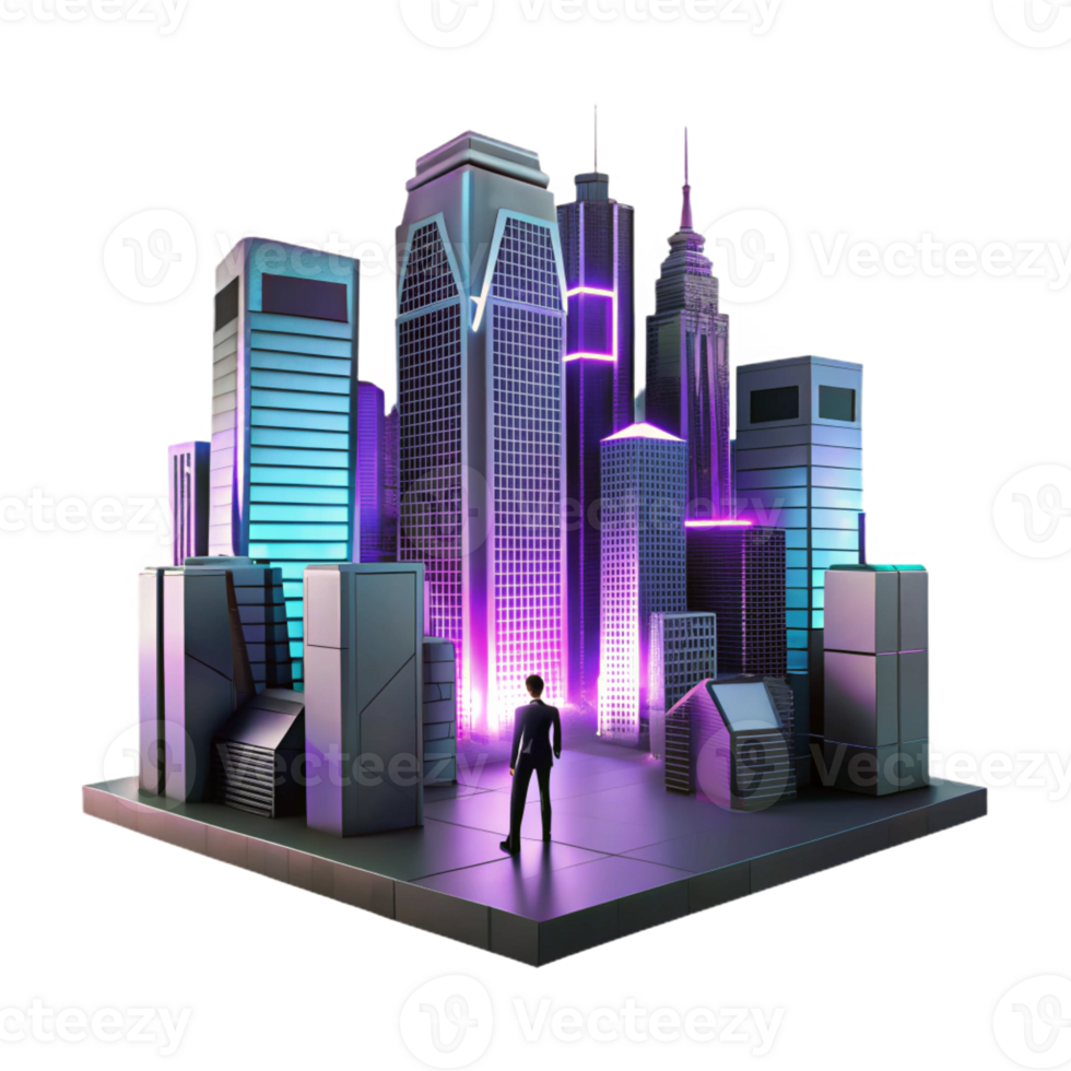 wonderful creative A lone figure silhouetted against a backdrop of towering skyscrapers and neon signs, in a moody, cinematic style authentic png