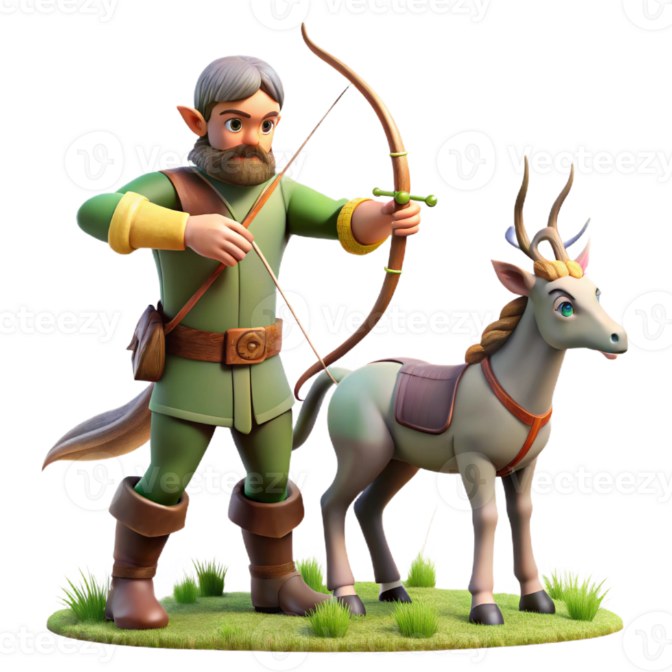vibrant traditional A wise old centaur with a bow and arrow, teaching a young elf archery. Soft, forest lighting, mythical fantasy style professional png